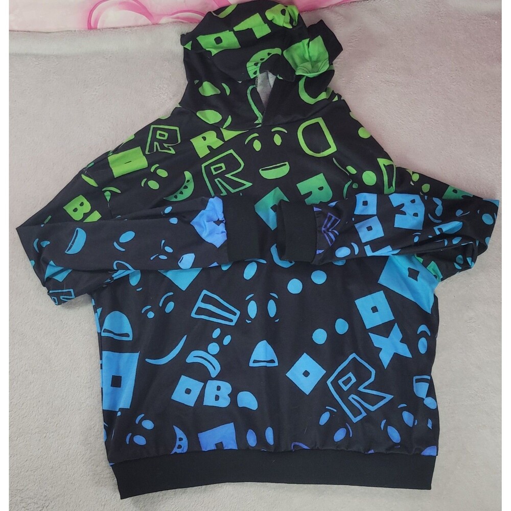 Roblox Hoodie Boys Size 15/16 Green Blue All Over Print Gamer Sweatshirt New